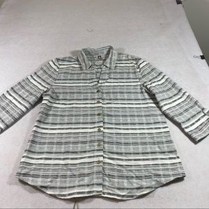 Anne Klein Button down Top Linen 3/4 Sleeve Gray White Striped Tunic Shi…